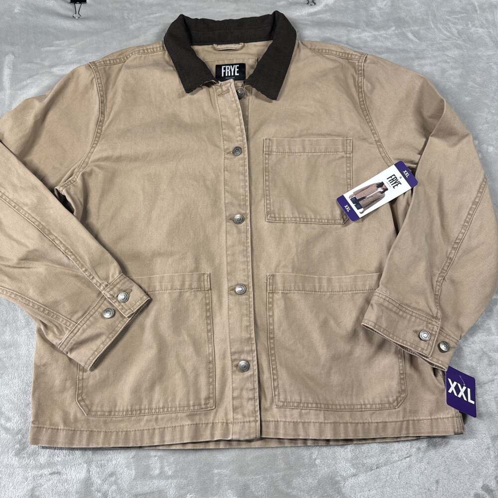 Frye NEW Women Jacket XXL Brown/Tan Canvas Corduroy Collar Button Pockets Cotton